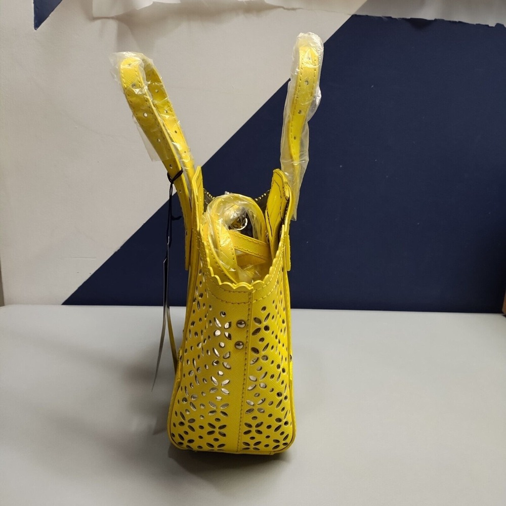 B. Makowsky Perforated Saffiano Mini Tessa Tote Bag Women Yellow Crossbody Strap - Picture 3 of 8